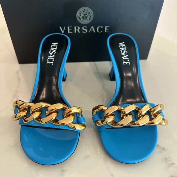 Versace Medusa Chain Mid Heel Slide Sandals - Picture 1 of 10